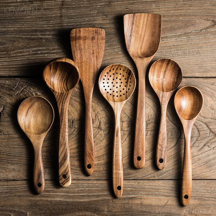 Natural Wood Tableware Spoon Ladle Turner Long Rice Colander Soup Skimmer Cooking Spoons Scoop Kitchen Tool Set