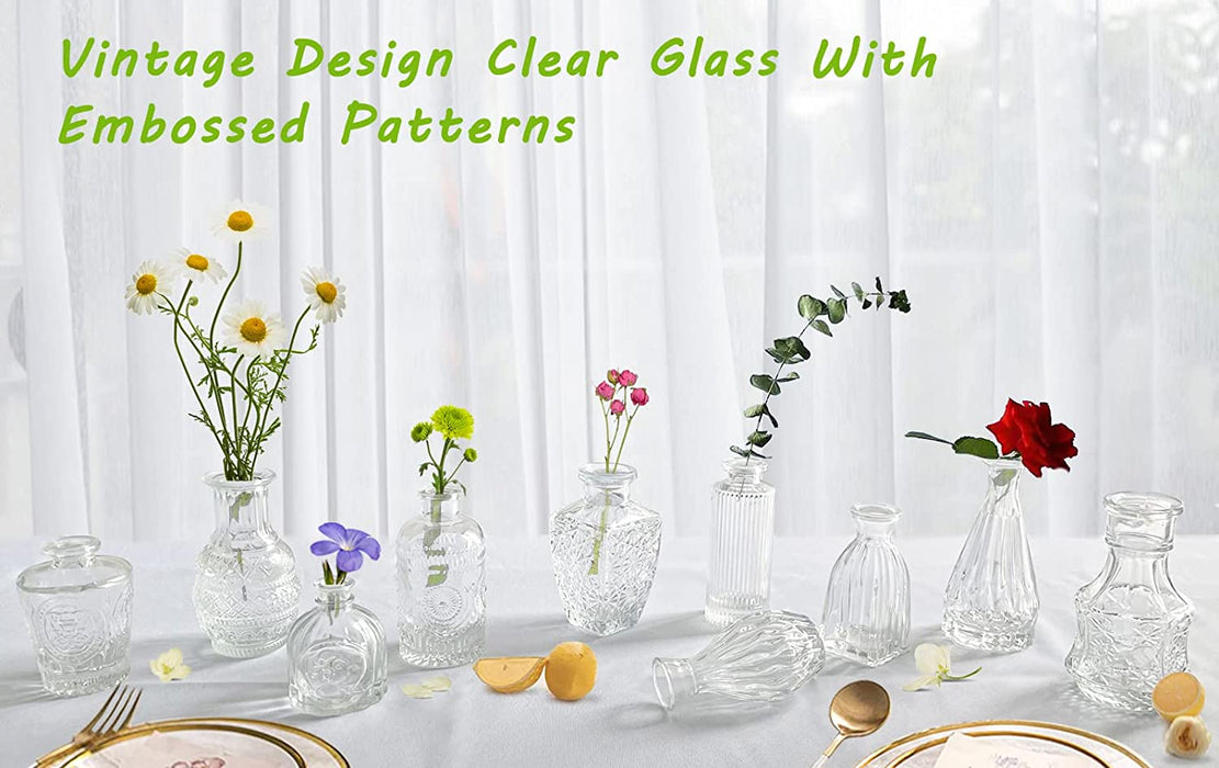 Glass Bud Vases Set 10 - Small Flower Vases for Centerpieces, Cute Clear Crystal Bud Vases in Bulk, Mini Vintage Vase for Rustic Wedding Decorations, Holiday Party Table Flower Decor