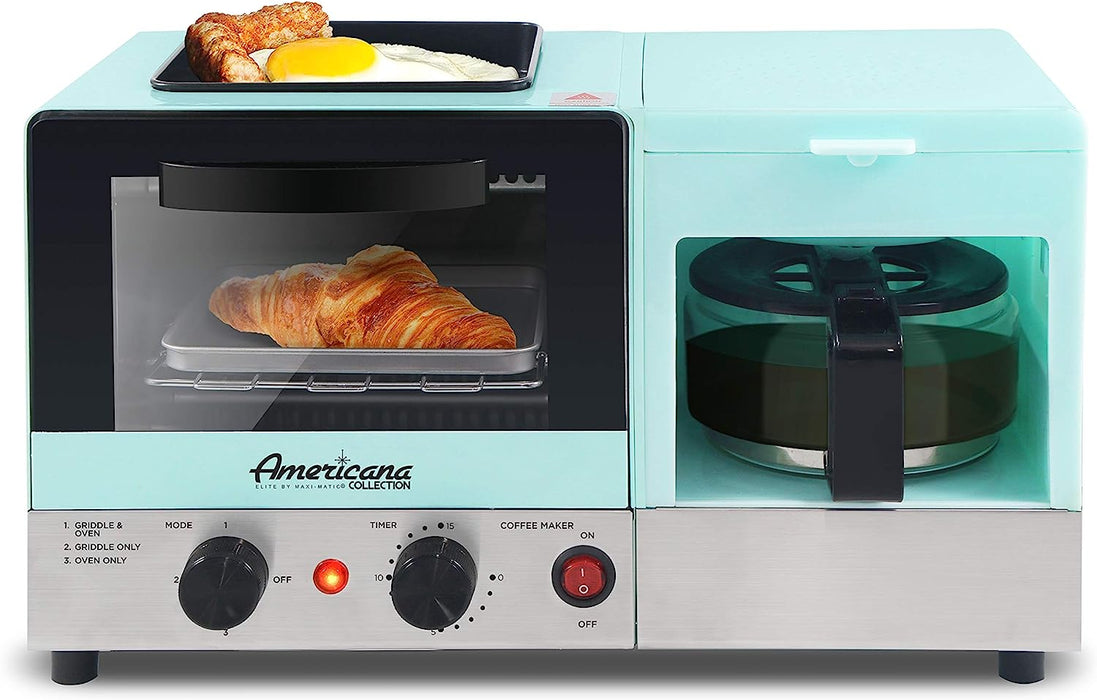Americana 2 Slice, 9.5" Griddle with Glass Lid 3-In-1 Breakfast Center Station, 4-Cup Coffeemaker, Toaster Oven with 15-Min Timer, Heat Selector Mode, Blue, (EBK8810BL)