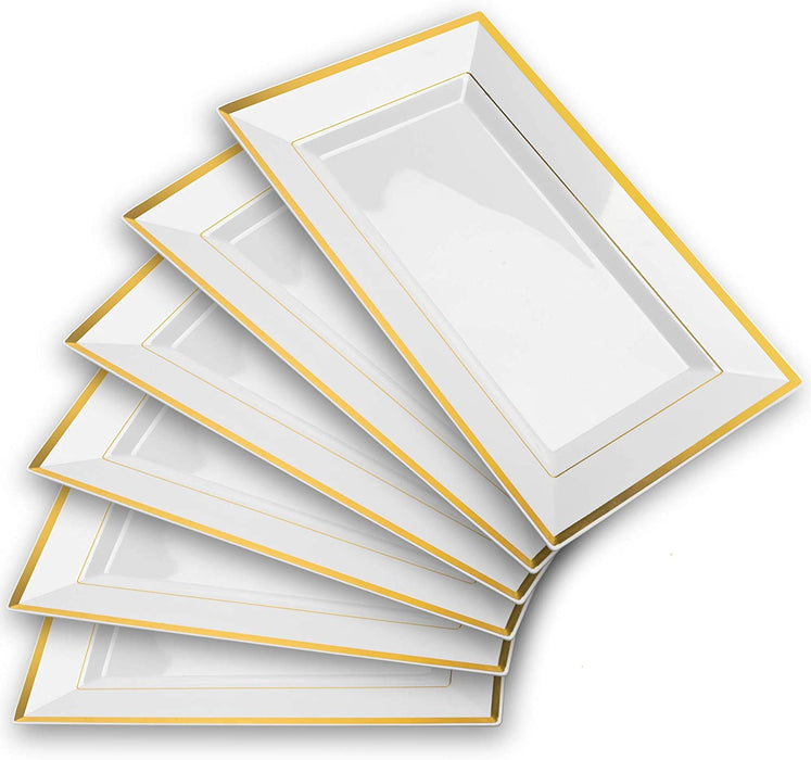 - Elegant Plastic Serving Tray & Platter Set (6Pk) - White & Gold Rim Disposable Serving Trays & Platters for Food - Weddings, Upscale Parties, Dessert Table, Cupcake Display - 8X13 Inches