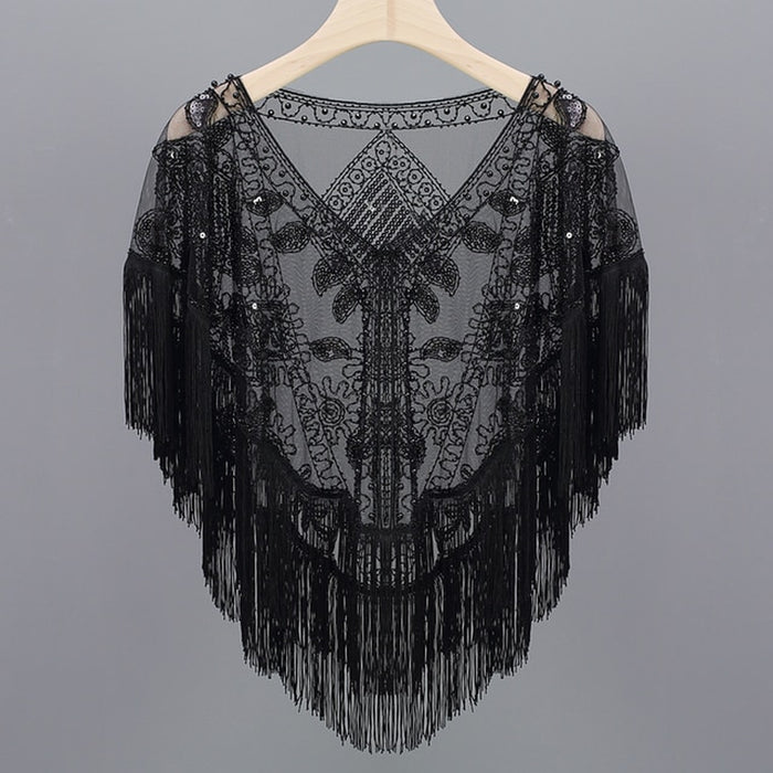 Women 1920S Sequined Shawl with Tassels Beaded Pearl Fringe Sheer Mesh Wraps Gatsby Flapper Bolero Cape Cover Up