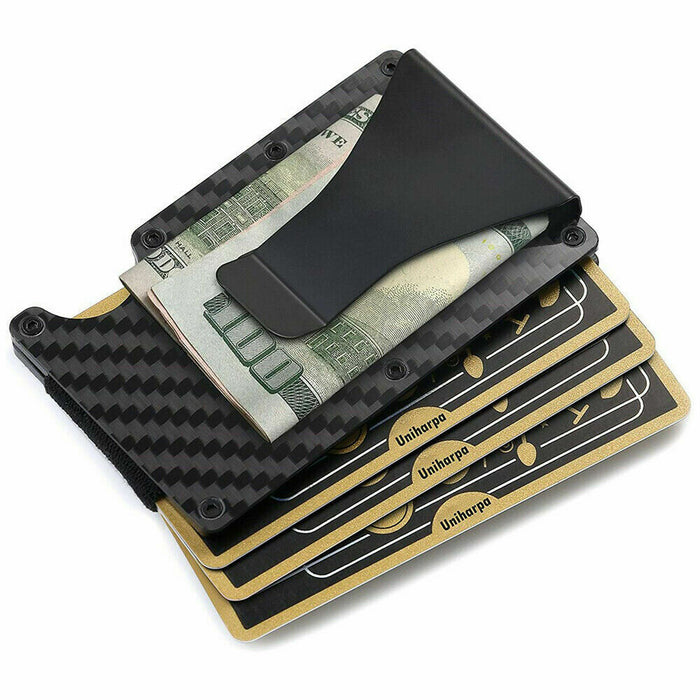 Men RFID Blocking Money Clip Slim Carbon Fiber Credit Card Holder Metal Wallet