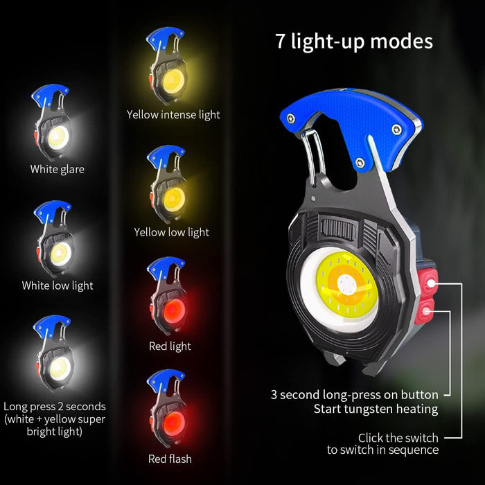 Keychain Flashlight,Led Flashlights,Cob Keychain Work Lights,With Heater Function,7 Light Modes,Usb Rechargeable,Magnet Base for Adsorption,Folding Bracket,Bottle Opener.
