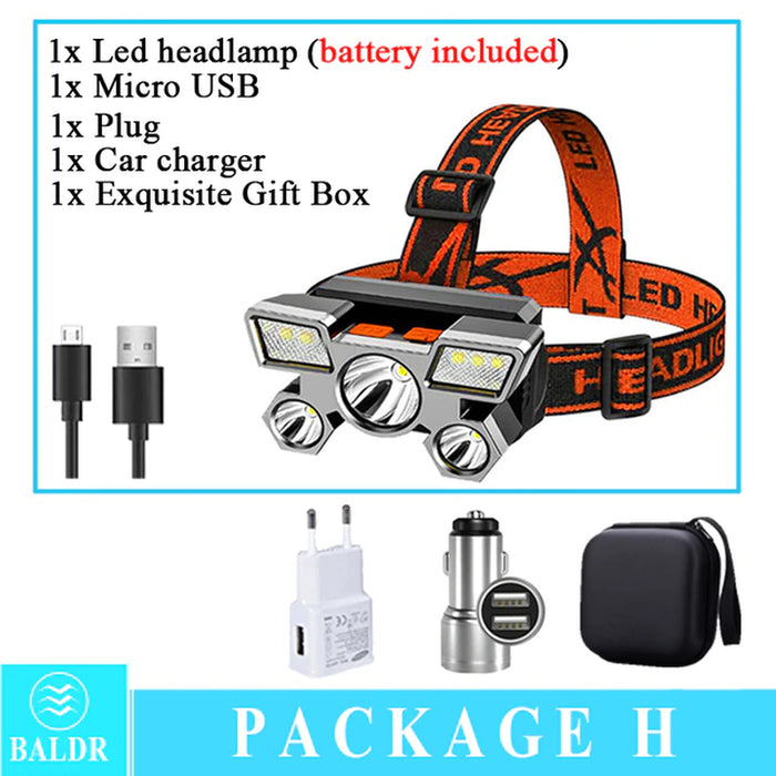5 LED USB Rechargeable Headlamp 18650 Built in Battery Headlight Portable Head Flashlight Working Light Fishing Camping Lantern