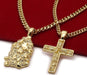 Mens Gold Tone High Fashion 2 Pieces Nugget & Cross Pendant Set 3Mm 30" and 24" Cuban Chains 02