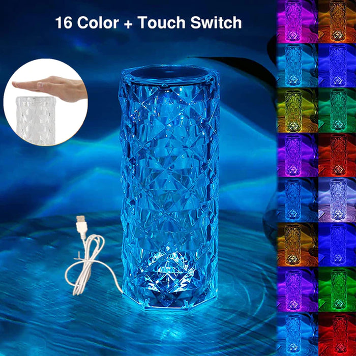 LED Crystal Table Lamp Rose Light Projector 3/16 Colors Touch RGB Adjustable Diamond Atmosphere Light USB Touch Night Light