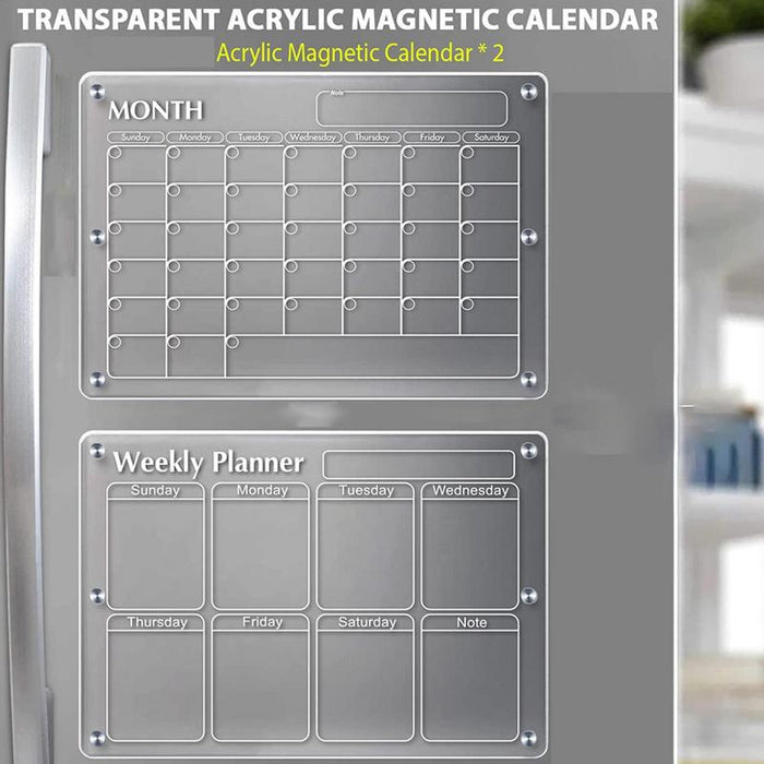 ORIGINAL Acrylic Magnetic Calendar for Fridge, Set of 2 Clear Dry Erase Board Calendar for Fridge, 16"x12" Magnetic Monthly and Weekly Calendar for Fridge, Includes 6 Dry Erase Markers and 1 Eraser