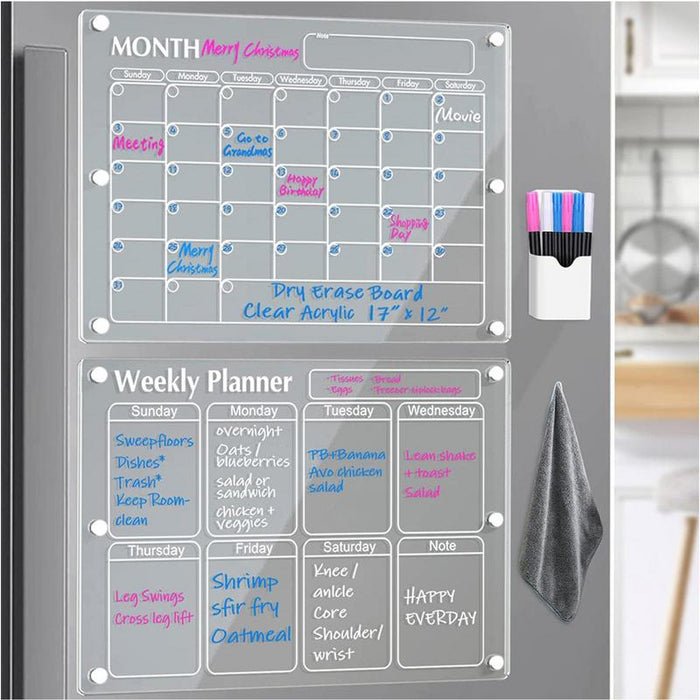 ORIGINAL Acrylic Magnetic Calendar for Fridge, Set of 2 Clear Dry Erase Board Calendar for Fridge, 16"x12" Magnetic Monthly and Weekly Calendar for Fridge, Includes 6 Dry Erase Markers and 1 Eraser