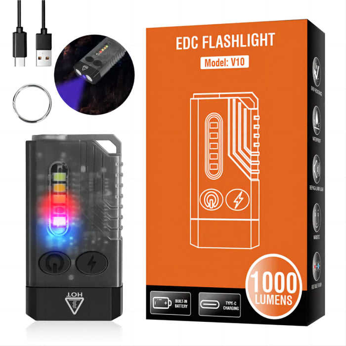 Small Powerful EDC Flashlight V10 EDC Keychain Flashlight Portable Mini Torch Type-C Rechargeable Work Light With Magnet UV Beep Camping Pocket Lantern