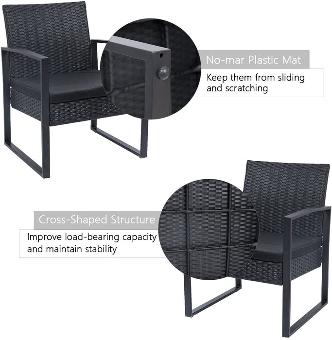3 Pieces Patio Set Outdoor Wicker Patio Furniture Sets Modern Bistro Set Rattan Chair Conversation Sets with Coffee Table for Yard and Bistro (Black)