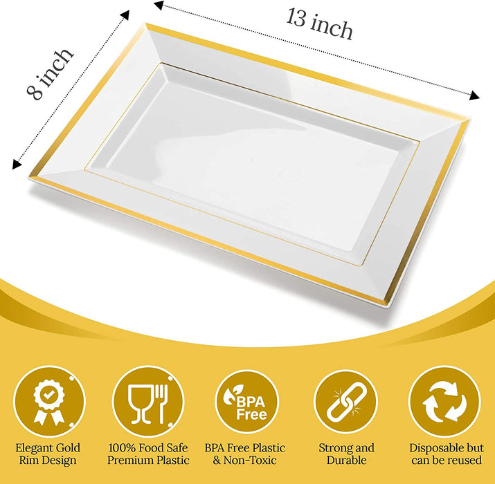 - Elegant Plastic Serving Tray & Platter Set (6Pk) - White & Gold Rim Disposable Serving Trays & Platters for Food - Weddings, Upscale Parties, Dessert Table, Cupcake Display - 8X13 Inches