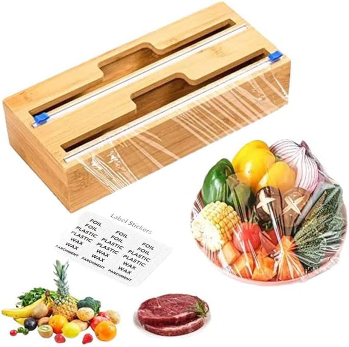 2 in 1 Plastic Wrapped Dispenser Bamboo Wrap Dispenser with Cutter for Kitchen Drawer Wax Paper Roll Organizer Storage Holder, Aluminum Foil, Wax Paper, Parchment Paper | 18 Labels Included |