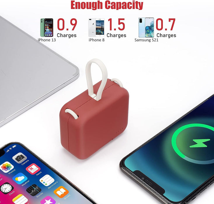 Small Portable Charger 4000Mah,Cute Power Bank Built in Cable,Mini Fast Charging USB C Phone Charger,Ultra-Compact External Battery Pack for Iphone Samsung Google,Red