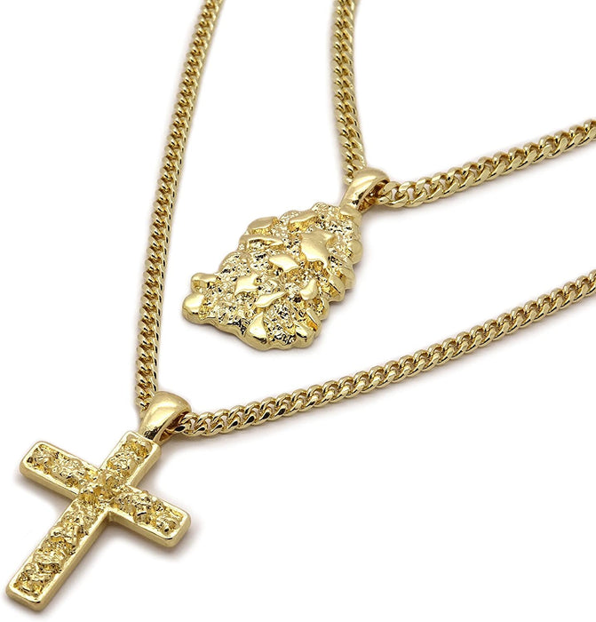 Mens Gold Tone High Fashion 2 Pieces Nugget & Cross Pendant Set 3Mm 30" and 24" Cuban Chains 02