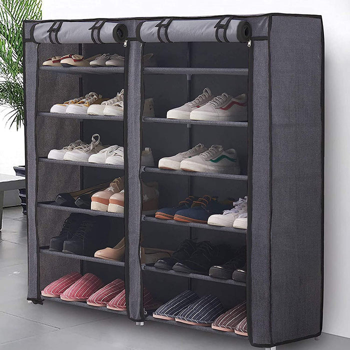 7 Tier Shoe Rack Storage Organizer, 36 Pairs Portable Double Row Shoe Rack Shelf Cabinet Tower for Closet with Nonwoven Fabric Cover, Black